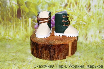 Ботинки бежево-зеленые на пластике для куклы ростом 32-34 см, ручная работа
