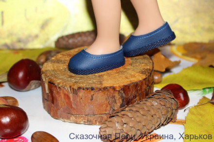 Туфли синие с бантом для куклы ростом 32-34  см, ручная работа