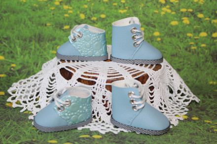 Ботиночки блакитні комбіновані для ляльки 32-34 см, hand made