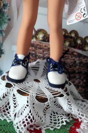 Ботинки сине-белые  для куклы ростом 32-34 см, ручная работа