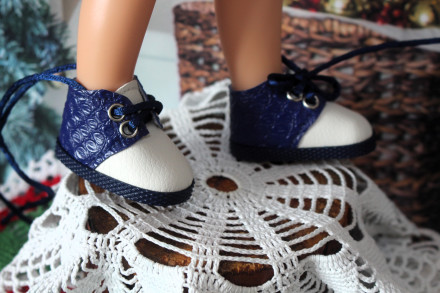 Ботинки сине-белые  для куклы ростом 32-34 см, ручная работа
