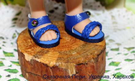 Босоніжки сині для ляльки ростом 32-34 см, ручна робота