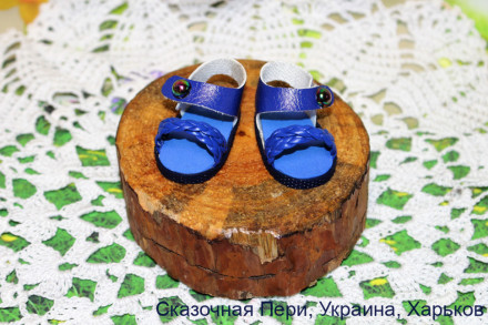 Босоніжки сині для ляльки ростом 32-34 см, ручна робота